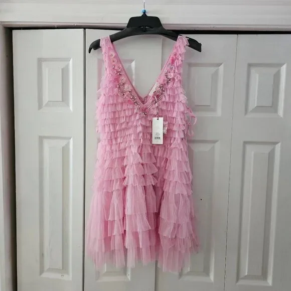LoveShackFancy Pink Sleeveless v-Neckline Minya Mini Dress Size 4 - Picture 4 of 12